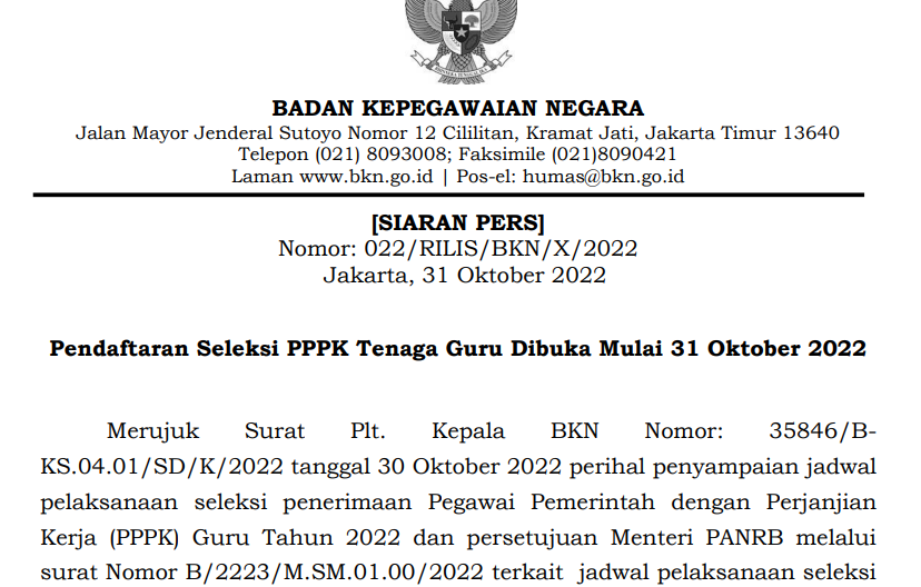 Pendaftaran Seleksi PPPK Tenaga Guru Resmi Dibuka Mulai 31 Oktober 2022